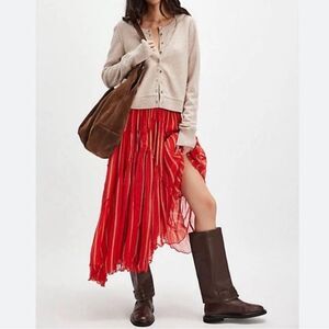 Free People FP One Ember Stripe Midi Skirt Red NWOT
